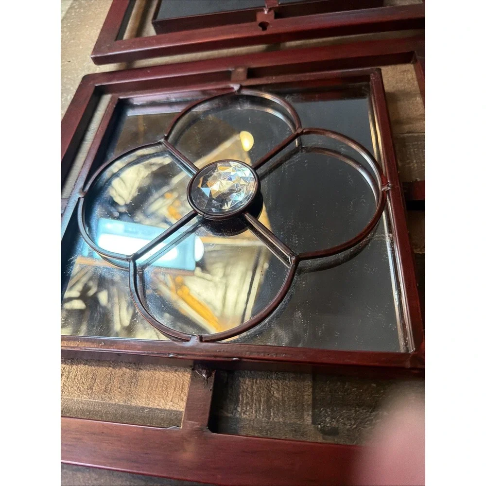 Set of 4 Vintage Gothic Wall Mirrors Red Metal Geometric Jeweled Window Panels
